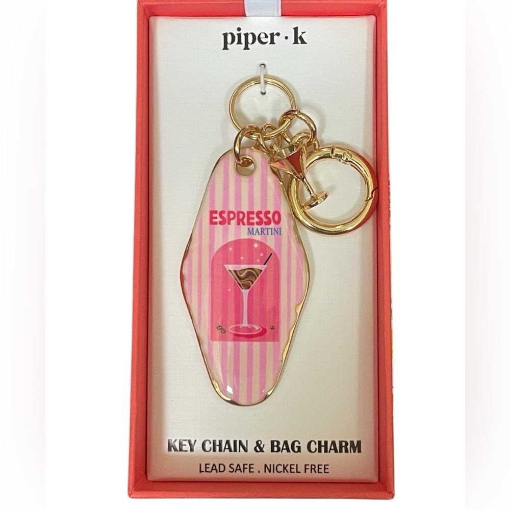 PIPER K Gold-Tone Keychain Bag Charm Espresso Martini Pink Stripes